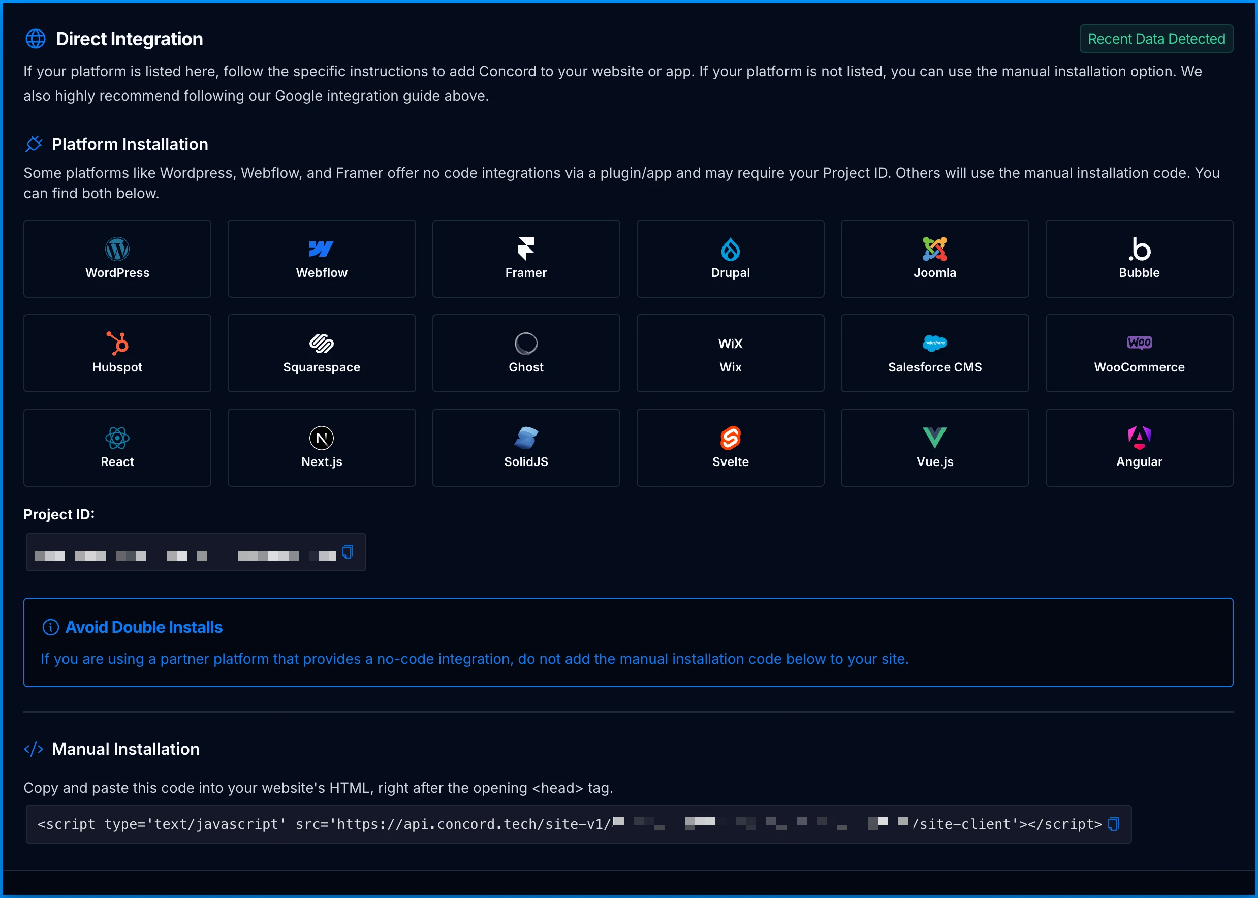 Concord integration screen for React