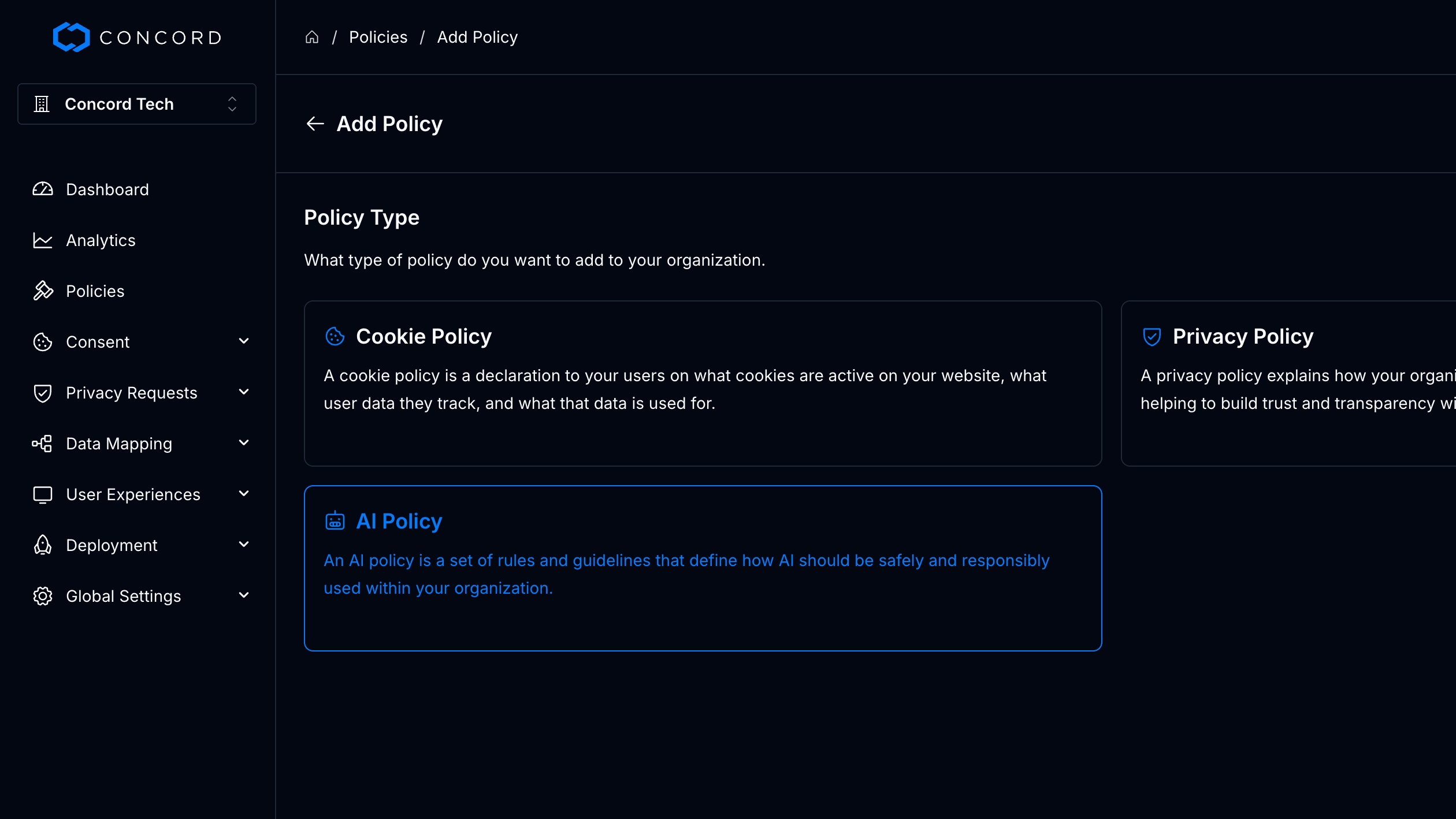 Policy Management Example Screenshot | Concord