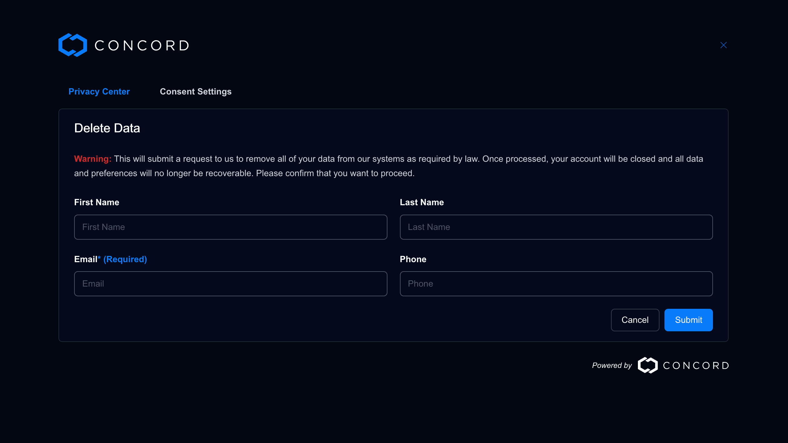 Privacy Requests Example Screenshot | Concord