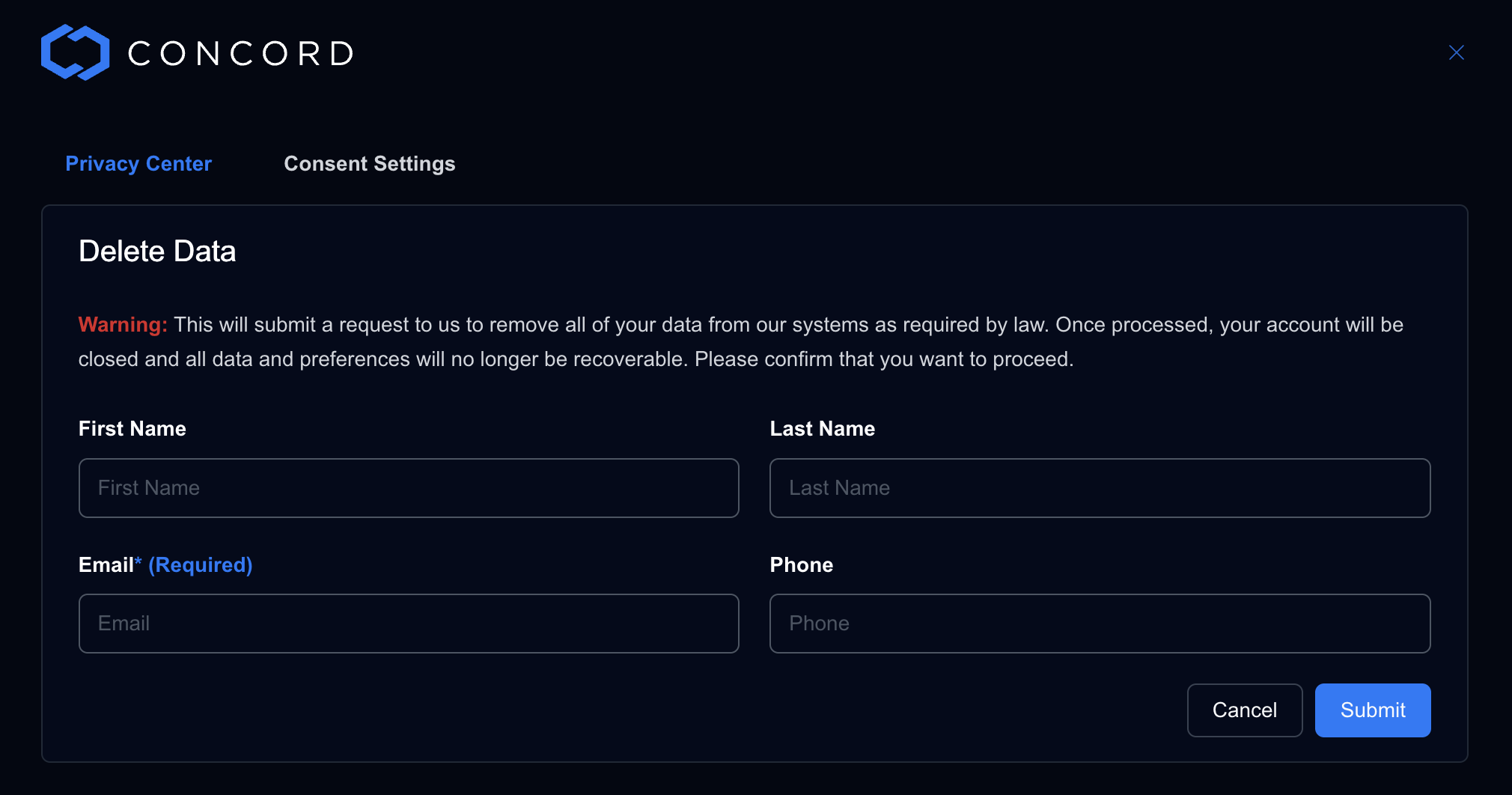 Privacy Center Delete Data | Concord